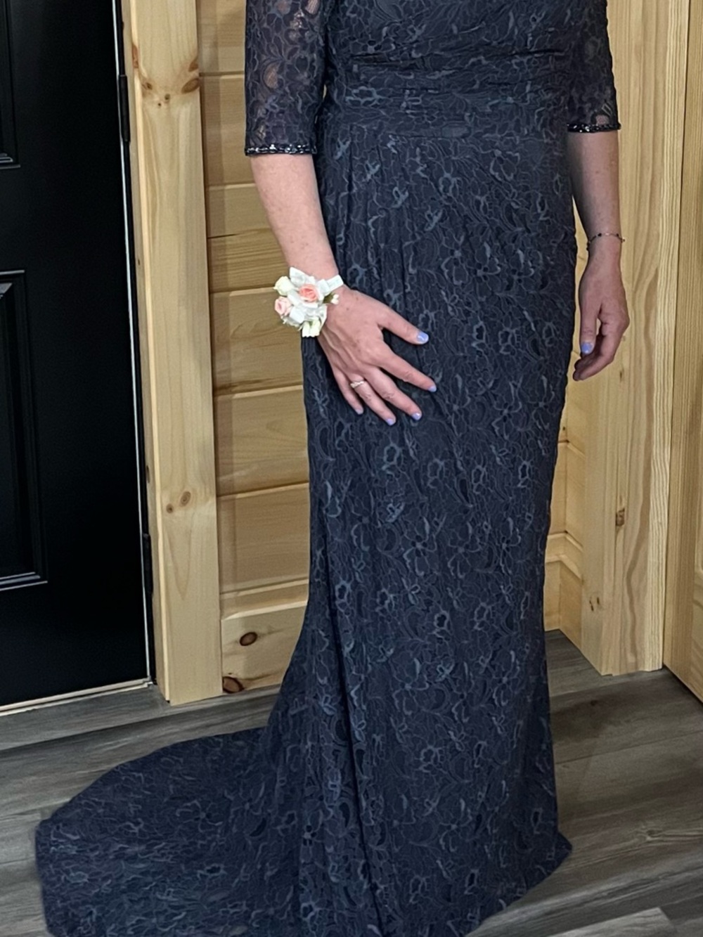 Christina Wu gunmetal Lace Maxi Dress with Three-Quarter Sleeves size 12